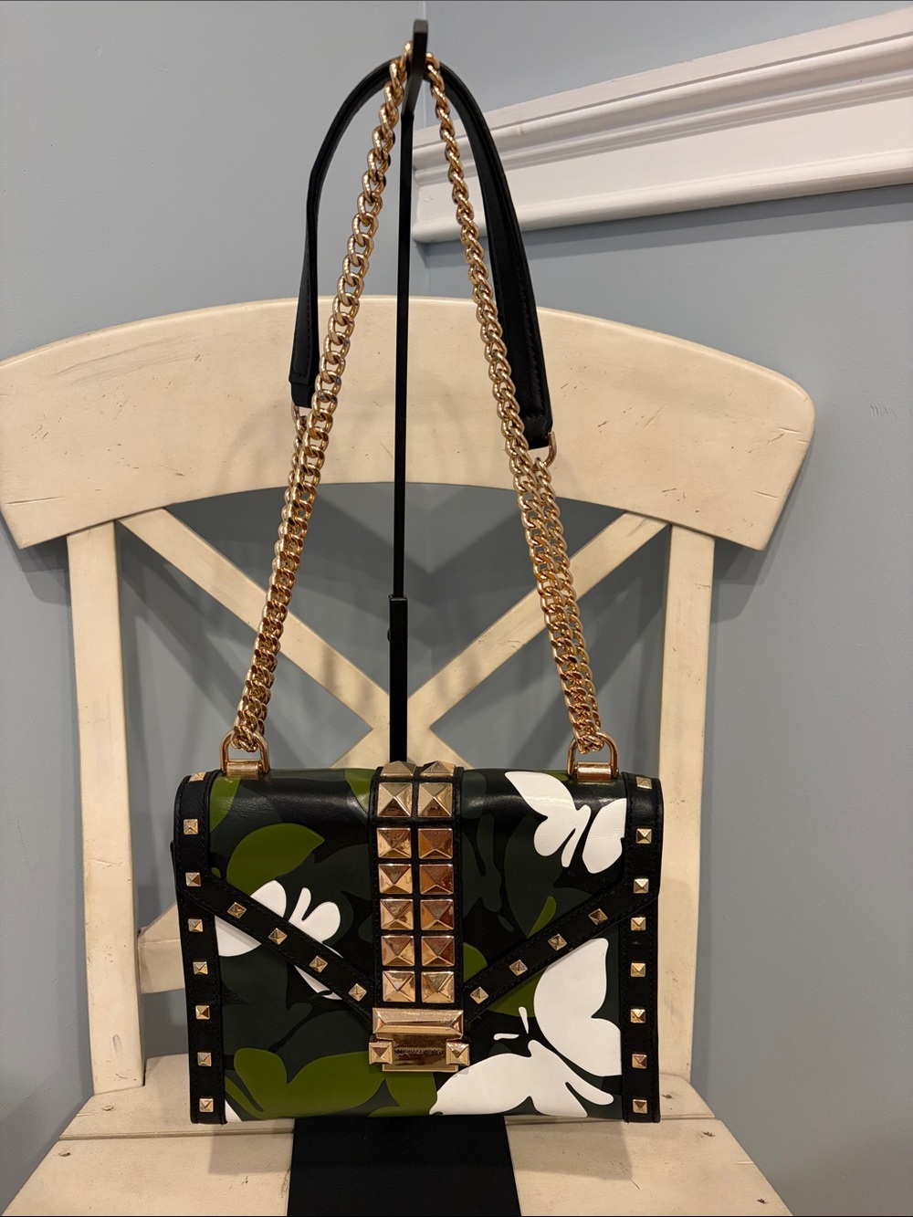 Michael Kors Whitney Studded Floral Camo Print Shoulder Bag in Black and Green